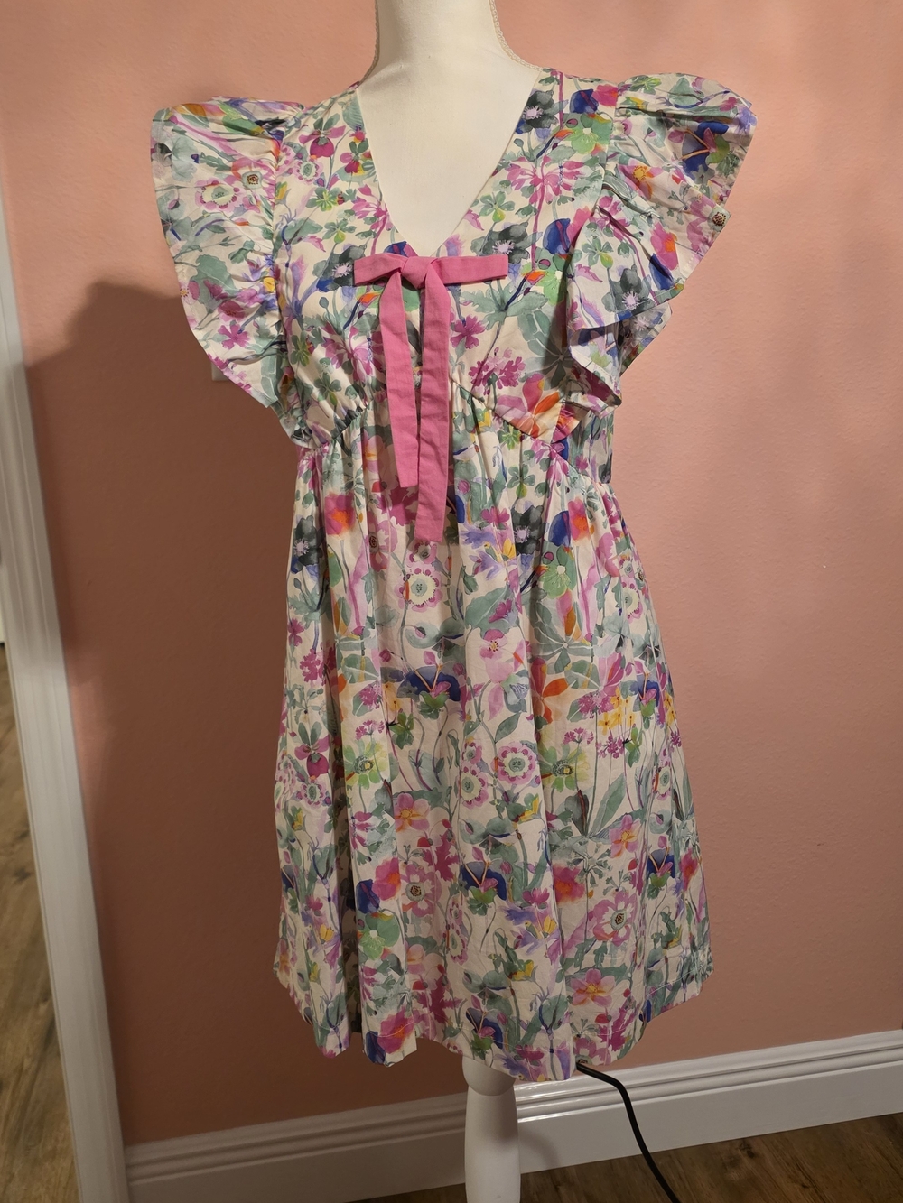 Umgee Floral Poplin Dress with Pink Bow
